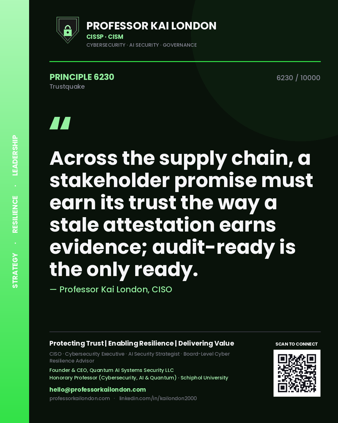 Professor Kai London principle 6230: Across the supply chain, a stakeholder promise must earn its trust the way a stale attestation earns evidence; audit-ready is the only ready.