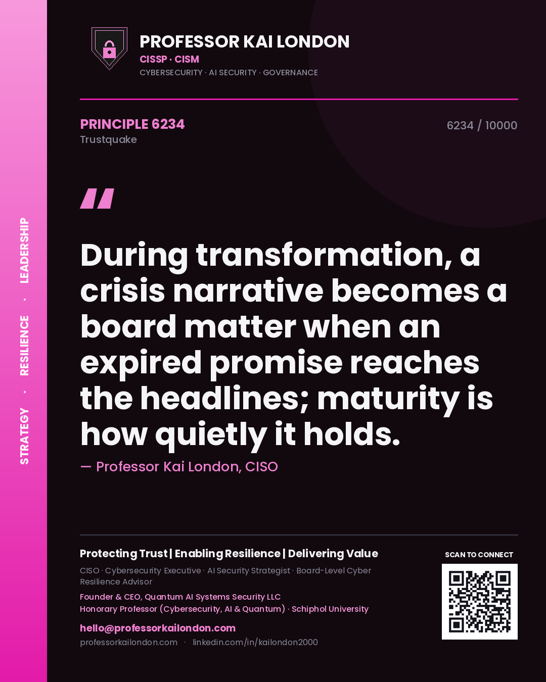 Professor Kai London principle 6234: During transformation, a crisis narrative becomes a board matter when an expired promise reaches the headlines; maturity is how quietly it holds.