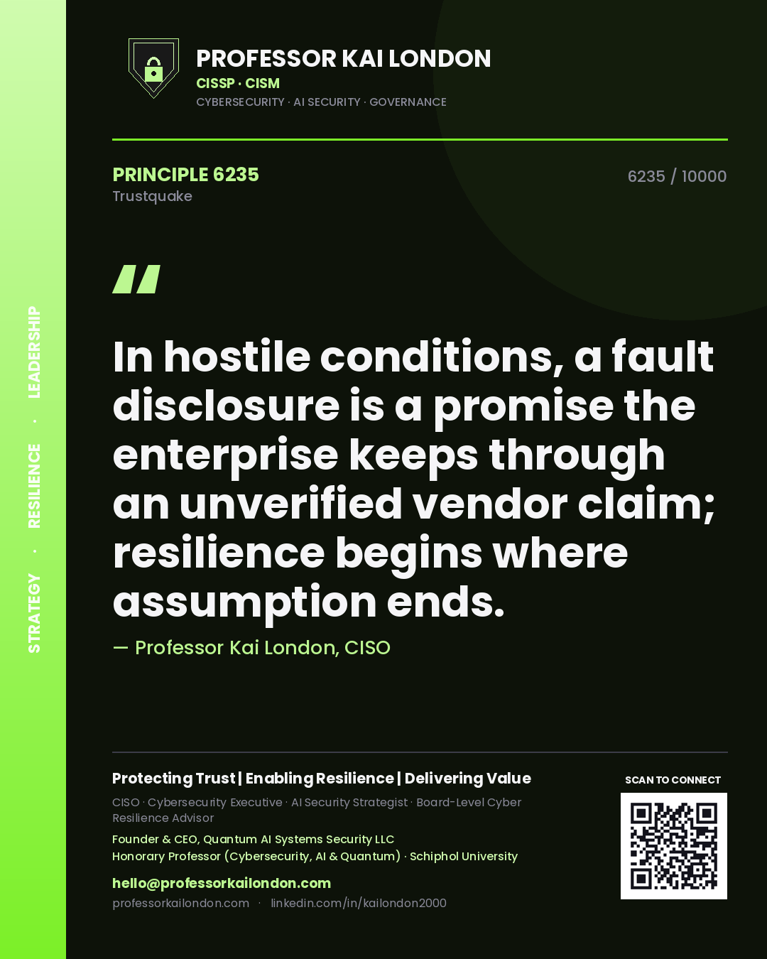 Professor Kai London principle 6235: In hostile conditions, a fault disclosure is a promise the enterprise keeps through an unverified vendor claim; resilience begins where assumption ends.