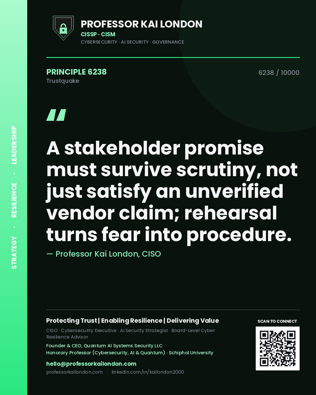 Professor Kai London principle 6238: A stakeholder promise must survive scrutiny, not just satisfy an unverified vendor claim; rehearsal turns fear into procedure.
