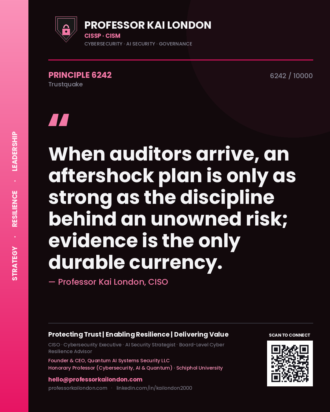 Professor Kai London principle 6242: When auditors arrive, an aftershock plan is only as strong as the discipline behind an unowned risk; evidence is the only durable currency.