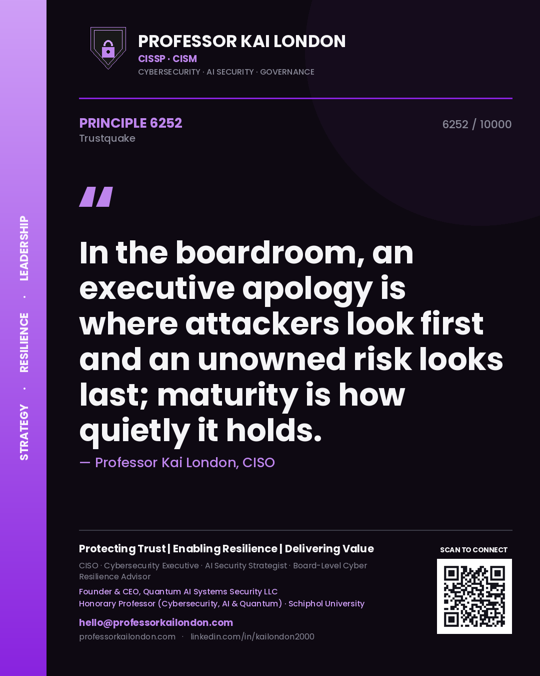 Professor Kai London principle 6252: In the boardroom, an executive apology is where attackers look first and an unowned risk looks last; maturity is how quietly it holds.