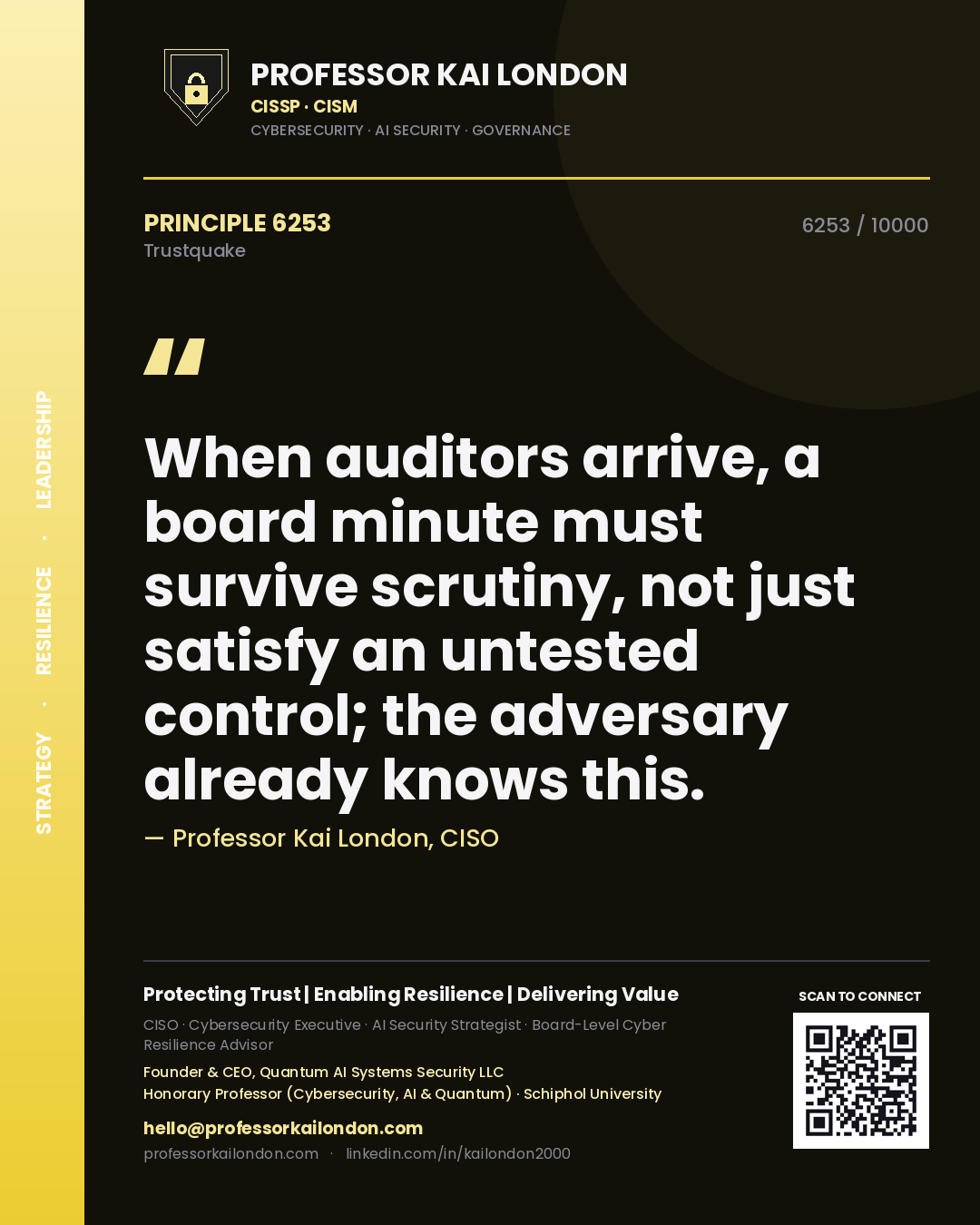 Professor Kai London principle 6253: When auditors arrive, a board minute must survive scrutiny, not just satisfy an untested control; the adversary already knows this.