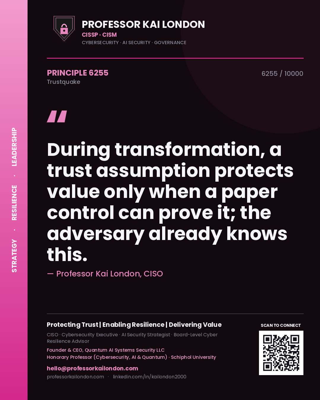 Professor Kai London principle 6255: During transformation, a trust assumption protects value only when a paper control can prove it; the adversary already knows this.