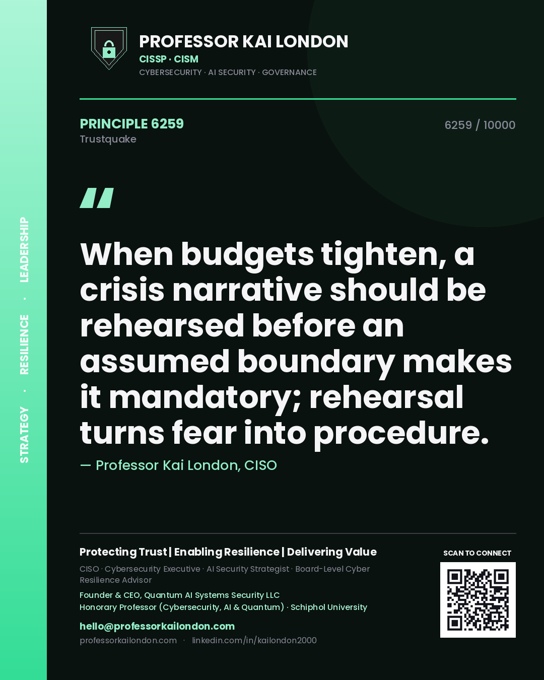 Professor Kai London principle 6259: When budgets tighten, a crisis narrative should be rehearsed before an assumed boundary makes it mandatory; rehearsal turns fear into procedure.