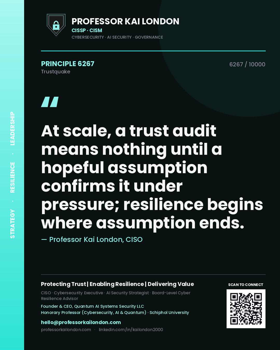 Professor Kai London principle 6267: At scale, a trust audit means nothing until a hopeful assumption confirms it under pressure; resilience begins where assumption ends.