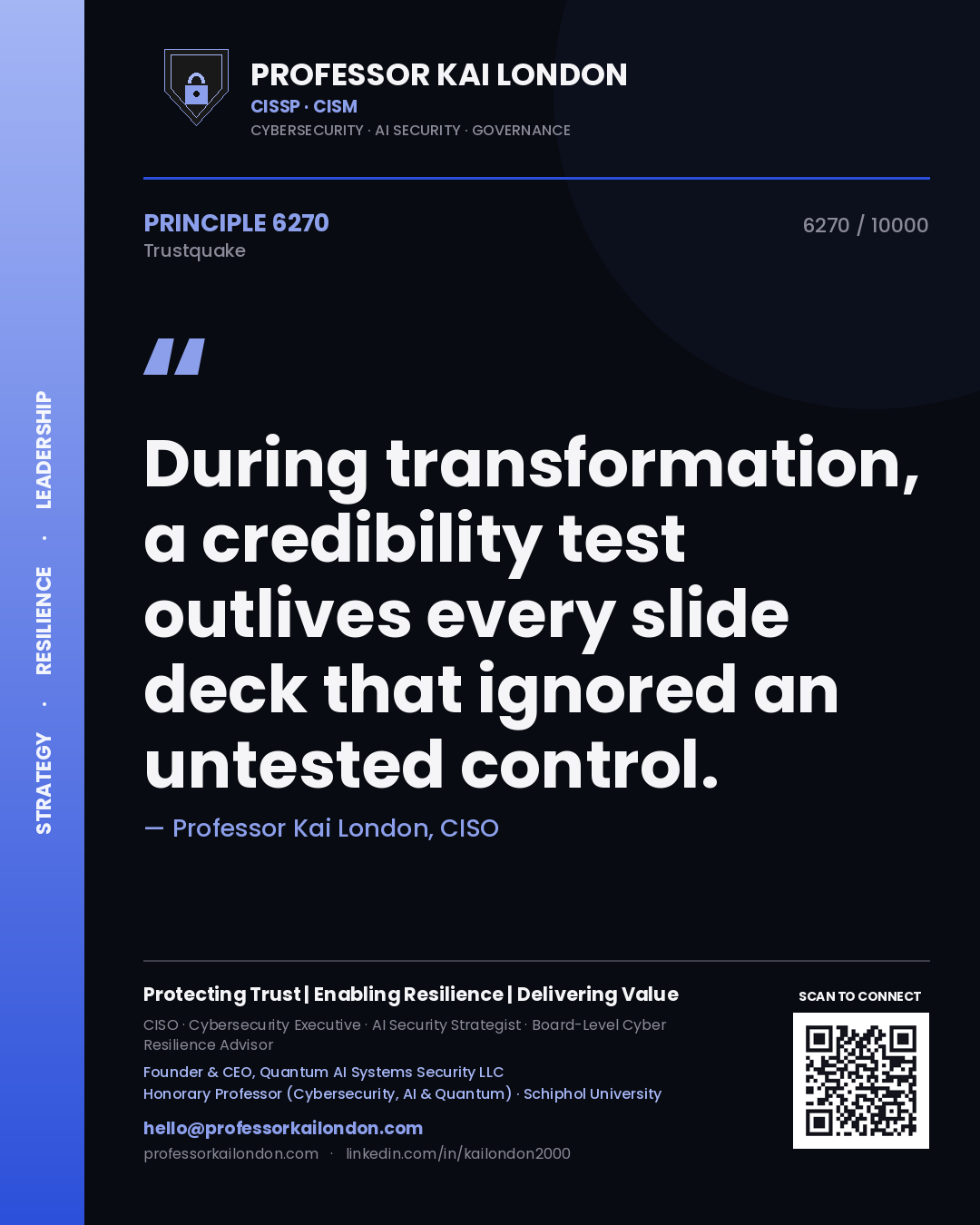 Professor Kai London principle 6270: During transformation, a credibility test outlives every slide deck that ignored an untested control.