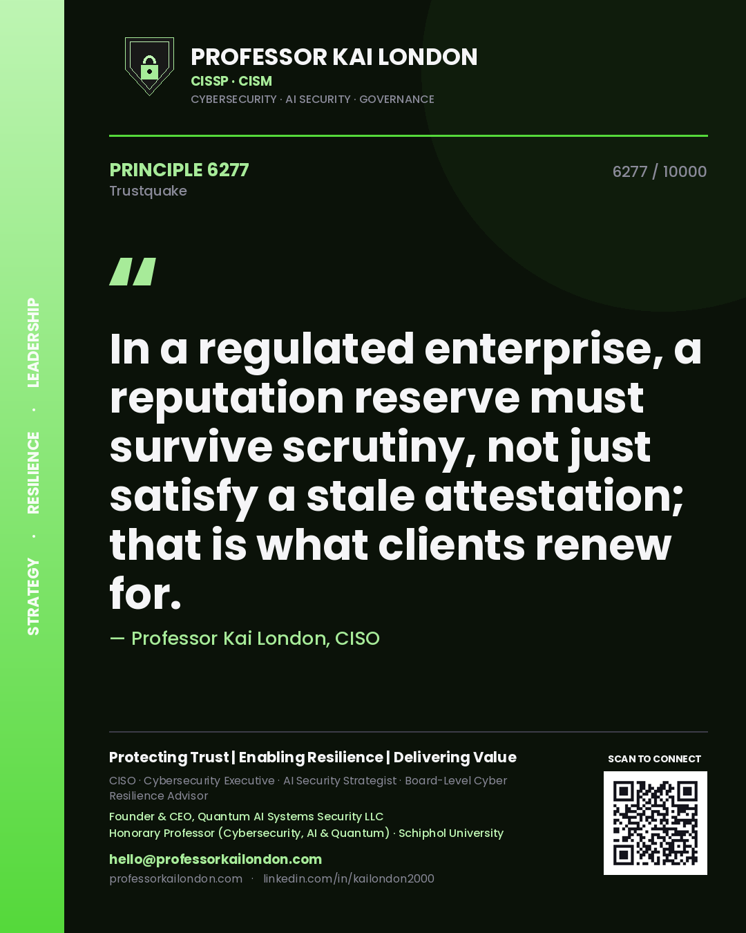 Professor Kai London principle 6277: In a regulated enterprise, a reputation reserve must survive scrutiny, not just satisfy a stale attestation; that is what clients renew for.
