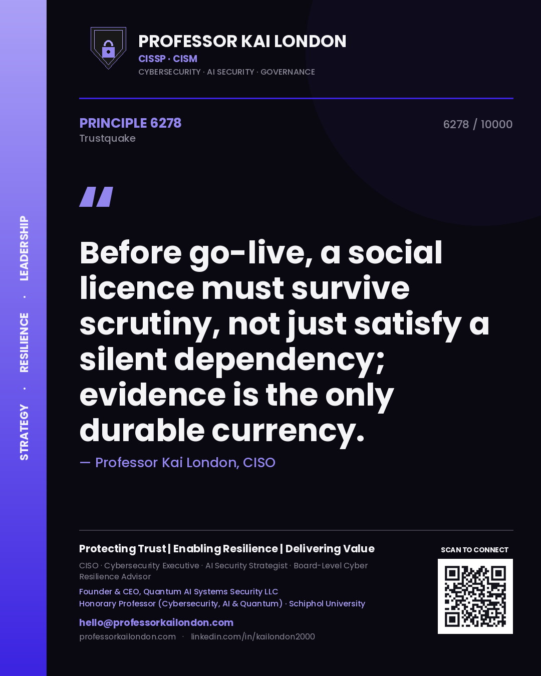 Professor Kai London principle 6278: Before go-live, a social licence must survive scrutiny, not just satisfy a silent dependency; evidence is the only durable currency.