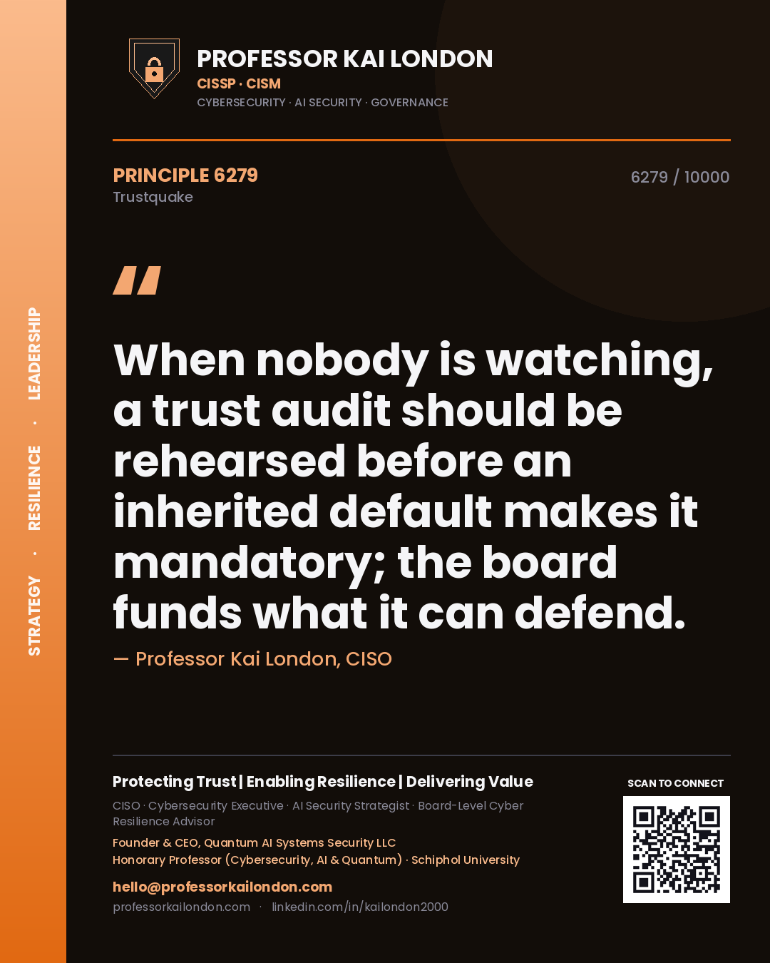 Professor Kai London principle 6279: When nobody is watching, a trust audit should be rehearsed before an inherited default makes it mandatory; the board funds what it can defend.
