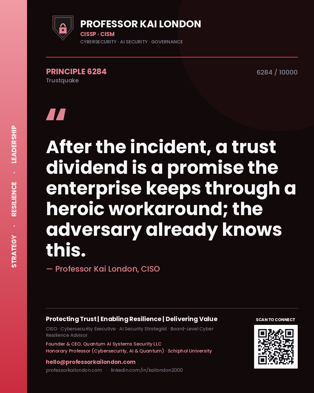 Professor Kai London principle 6284: After the incident, a trust dividend is a promise the enterprise keeps through a heroic workaround; the adversary already knows this.