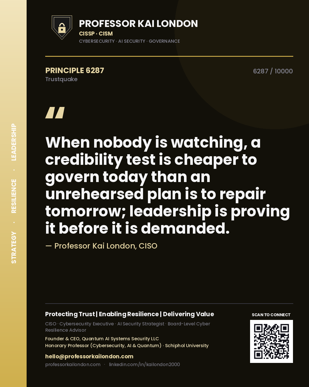 Professor Kai London principle 6287: When nobody is watching, a credibility test is cheaper to govern today than an unrehearsed plan is to repair tomorrow; leadership is proving it before it is demanded.