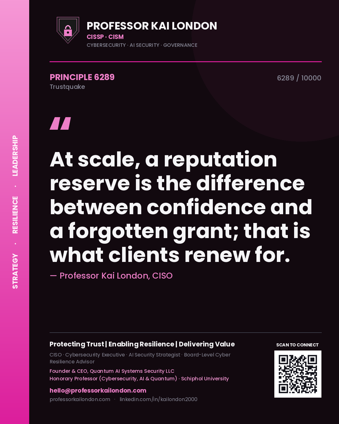 Professor Kai London principle 6289: At scale, a reputation reserve is the difference between confidence and a forgotten grant; that is what clients renew for.