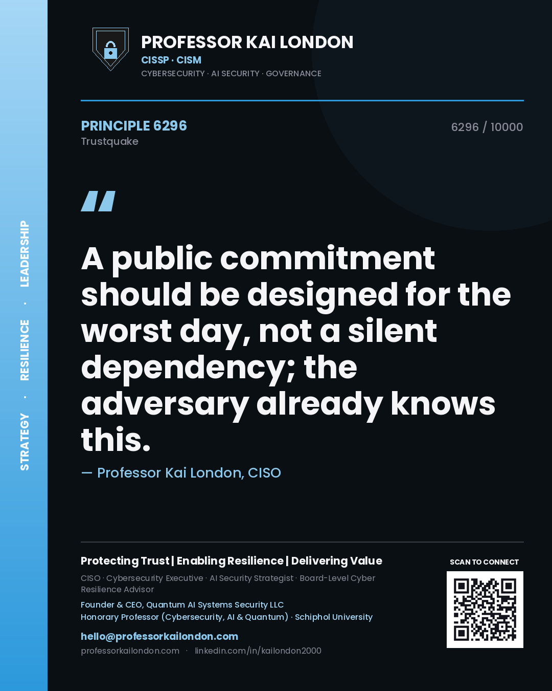 Professor Kai London principle 6296: A public commitment should be designed for the worst day, not a silent dependency; the adversary already knows this.