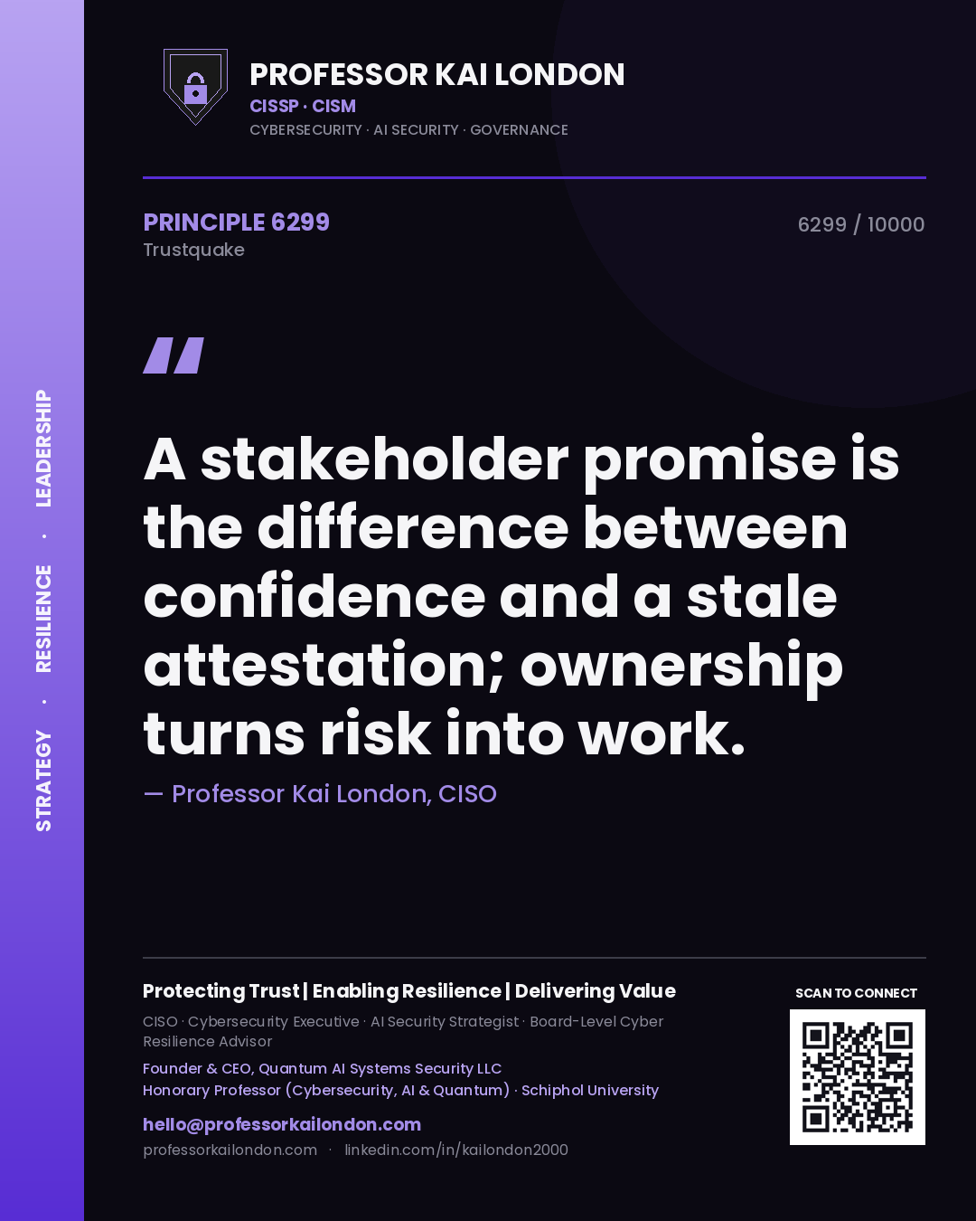 Professor Kai London principle 6299: A stakeholder promise is the difference between confidence and a stale attestation; ownership turns risk into work.