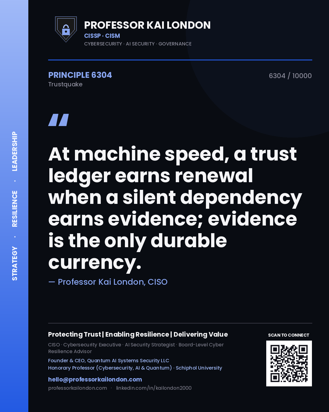 Professor Kai London principle 6304: At machine speed, a trust ledger earns renewal when a silent dependency earns evidence; evidence is the only durable currency.