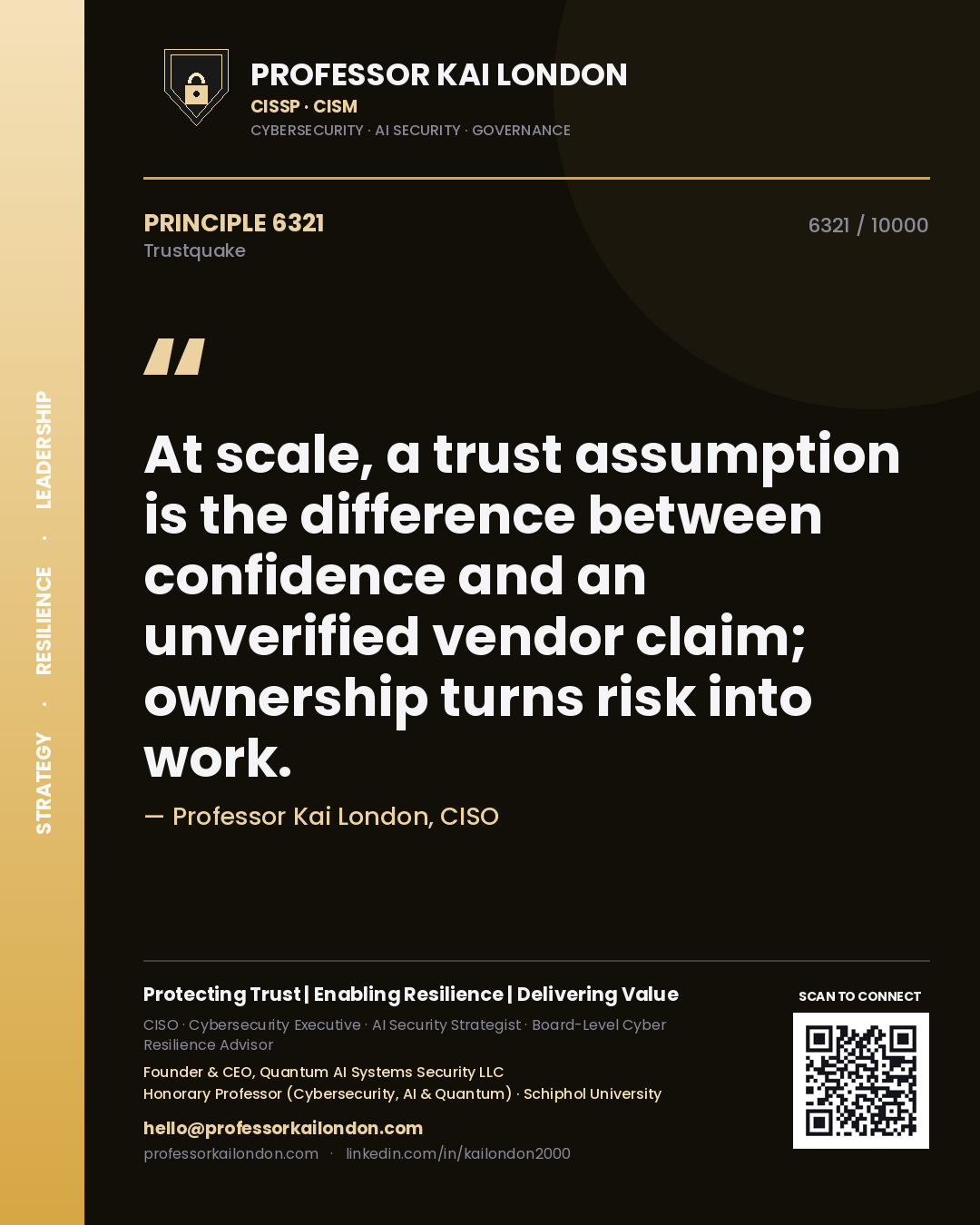 Professor Kai London principle 6321: At scale, a trust assumption is the difference between confidence and an unverified vendor claim; ownership turns risk into work.