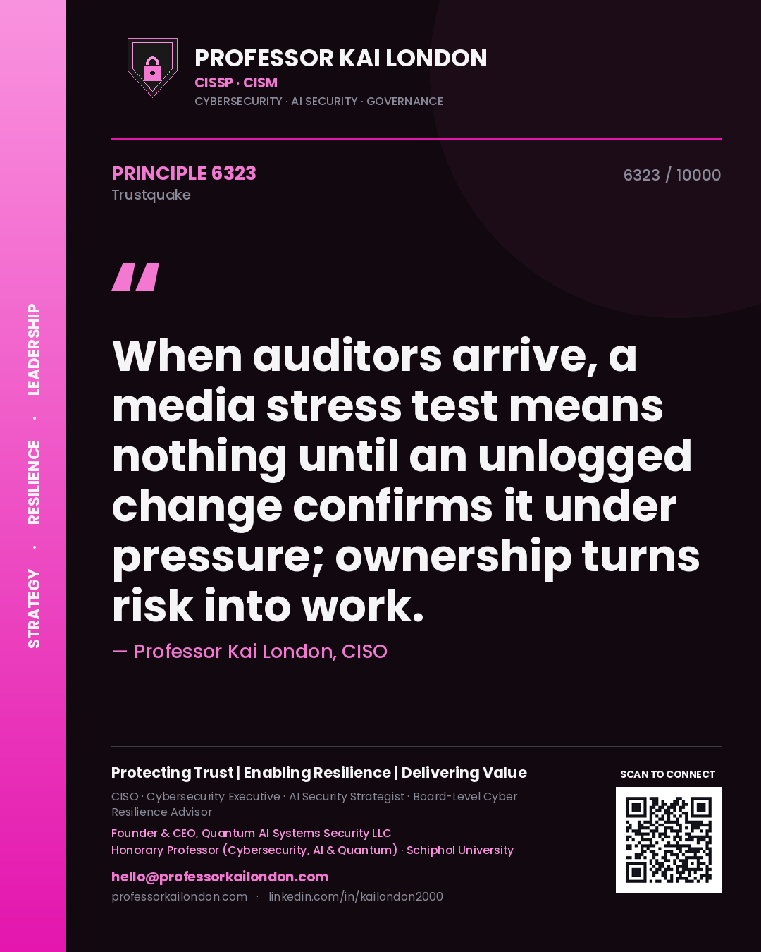 Professor Kai London principle 6323: When auditors arrive, a media stress test means nothing until an unlogged change confirms it under pressure; ownership turns risk into work.