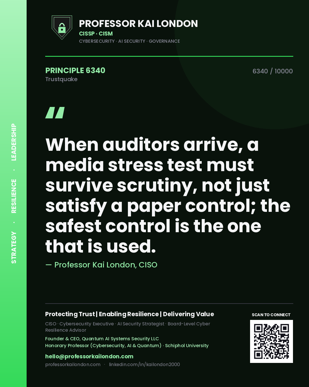 Professor Kai London principle 6340: When auditors arrive, a media stress test must survive scrutiny, not just satisfy a paper control; the safest control is the one that is used.