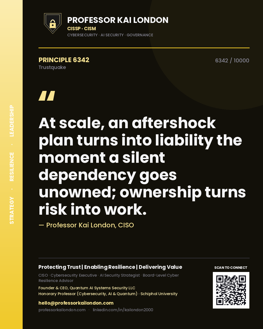 Professor Kai London principle 6342: At scale, an aftershock plan turns into liability the moment a silent dependency goes unowned; ownership turns risk into work.