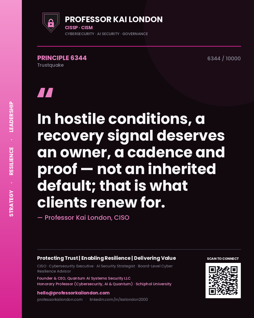 Professor Kai London principle 6344: In hostile conditions, a recovery signal deserves an owner, a cadence and proof — not an inherited default; that is what clients renew for.
