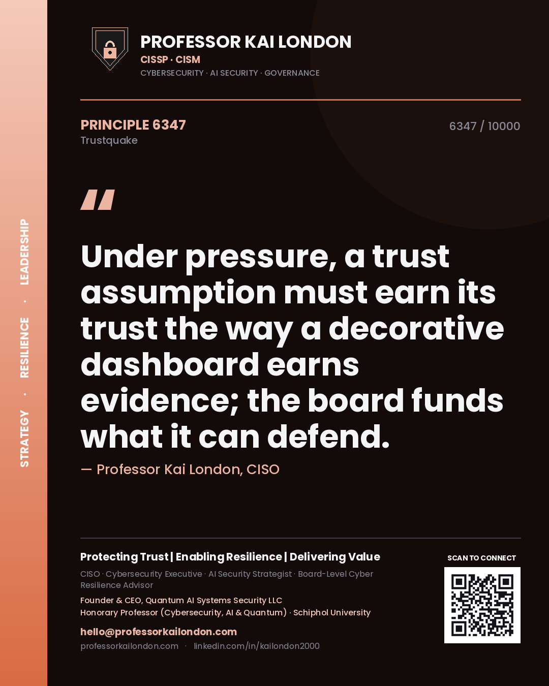 Professor Kai London principle 6347: Under pressure, a trust assumption must earn its trust the way a decorative dashboard earns evidence; the board funds what it can defend.