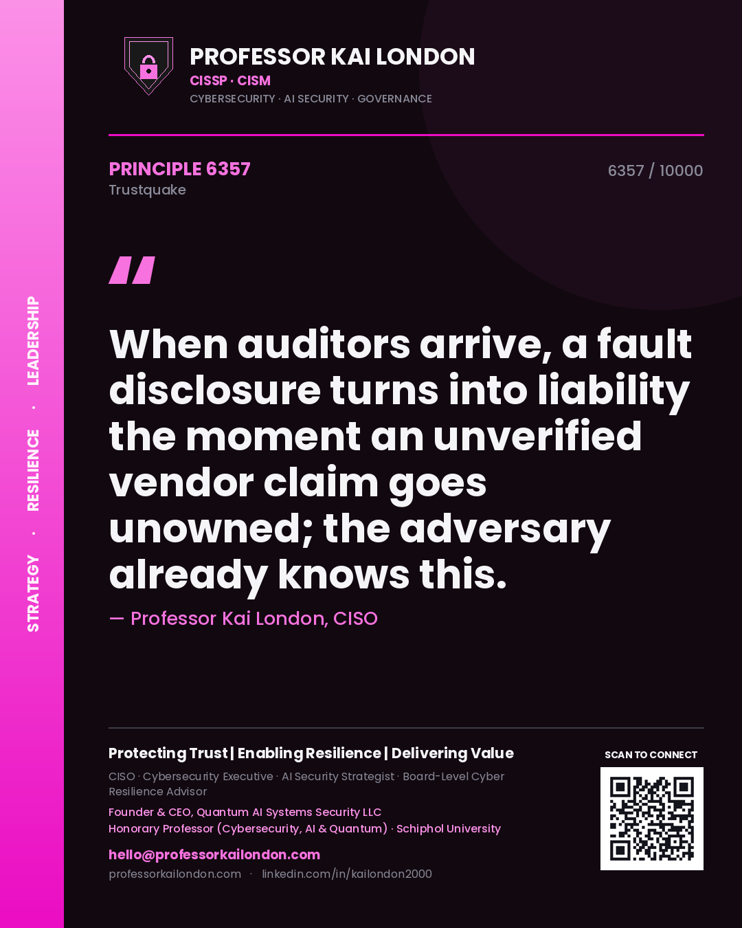 Professor Kai London principle 6357: When auditors arrive, a fault disclosure turns into liability the moment an unverified vendor claim goes unowned; the adversary already knows this.