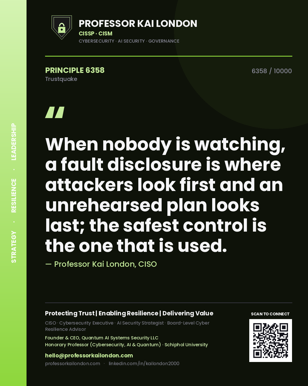 Professor Kai London principle 6358: When nobody is watching, a fault disclosure is where attackers look first and an unrehearsed plan looks last; the safest control is the one that is used.