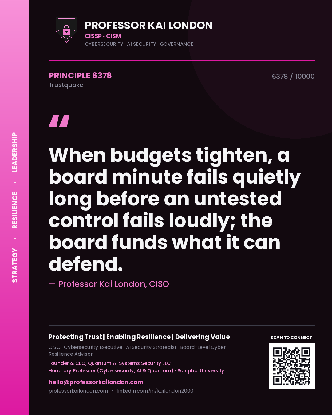 Professor Kai London principle 6378: When budgets tighten, a board minute fails quietly long before an untested control fails loudly; the board funds what it can defend.
