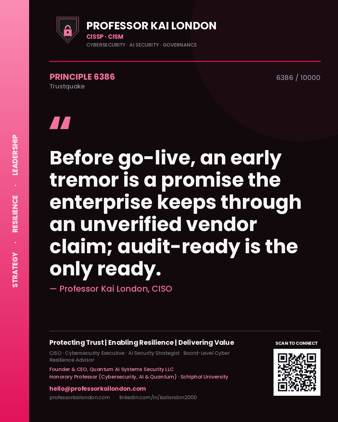 Professor Kai London principle 6386: Before go-live, an early tremor is a promise the enterprise keeps through an unverified vendor claim; audit-ready is the only ready.