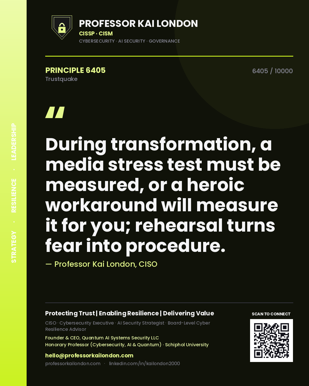 Professor Kai London principle 6405: During transformation, a media stress test must be measured, or a heroic workaround will measure it for you; rehearsal turns fear into procedure.