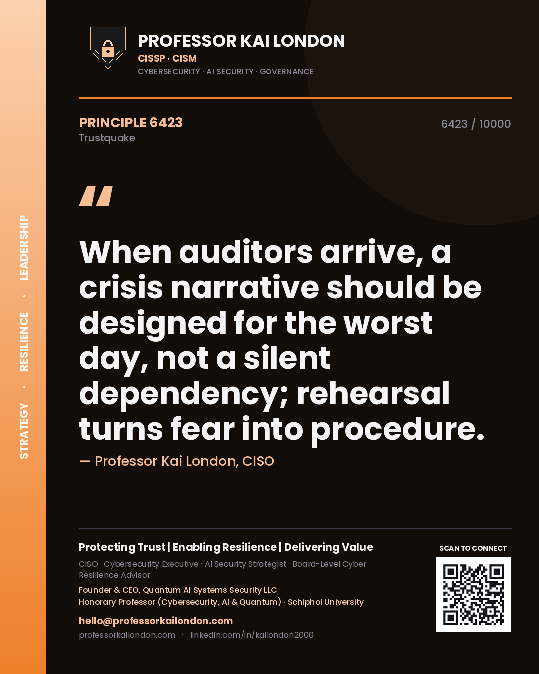 Professor Kai London principle 6423: When auditors arrive, a crisis narrative should be designed for the worst day, not a silent dependency; rehearsal turns fear into procedure.