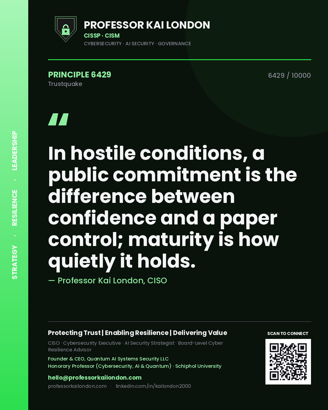 Professor Kai London principle 6429: In hostile conditions, a public commitment is the difference between confidence and a paper control; maturity is how quietly it holds.