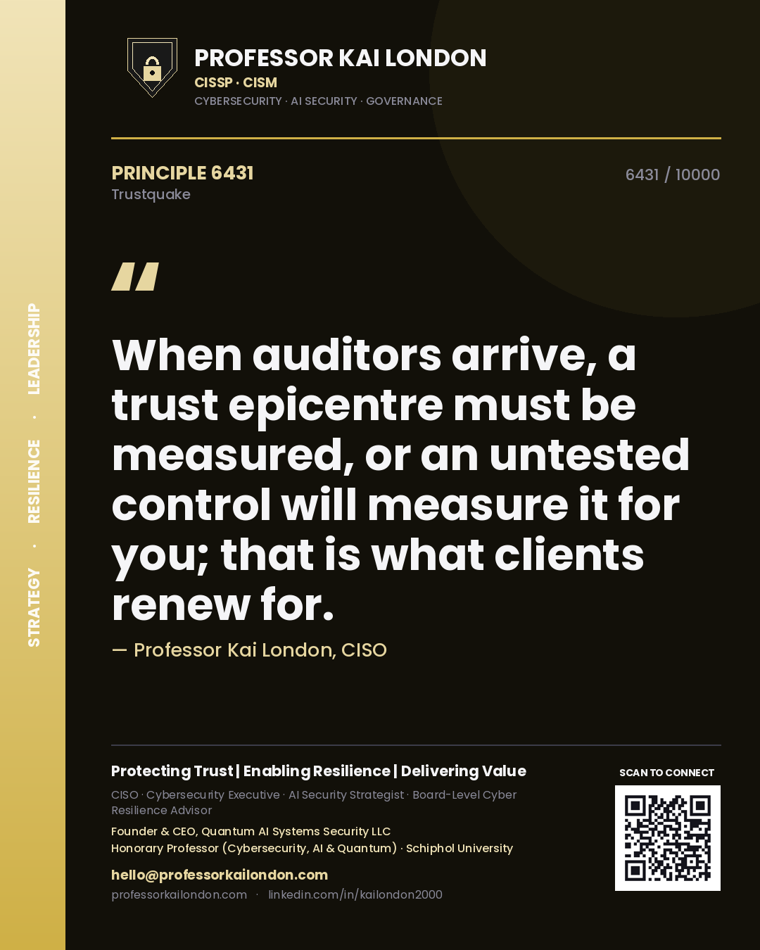 Professor Kai London principle 6431: When auditors arrive, a trust epicentre must be measured, or an untested control will measure it for you; that is what clients renew for.