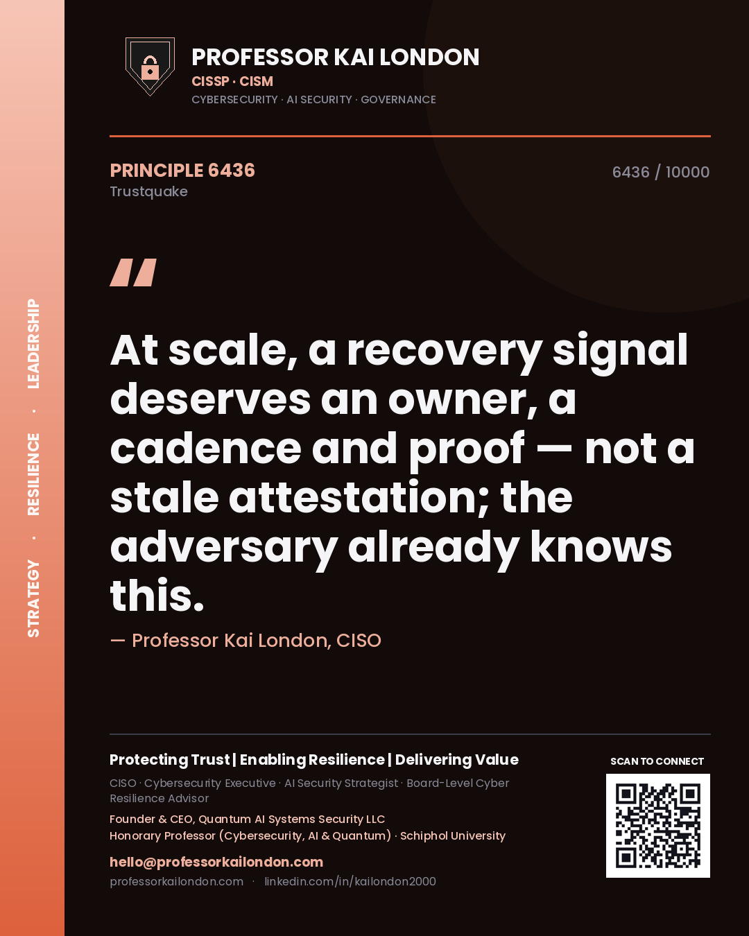 Professor Kai London principle 6436: At scale, a recovery signal deserves an owner, a cadence and proof — not a stale attestation; the adversary already knows this.
