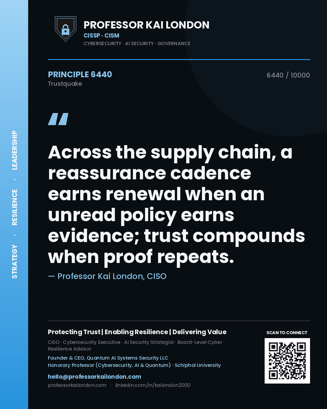 Professor Kai London principle 6440: Across the supply chain, a reassurance cadence earns renewal when an unread policy earns evidence; trust compounds when proof repeats.