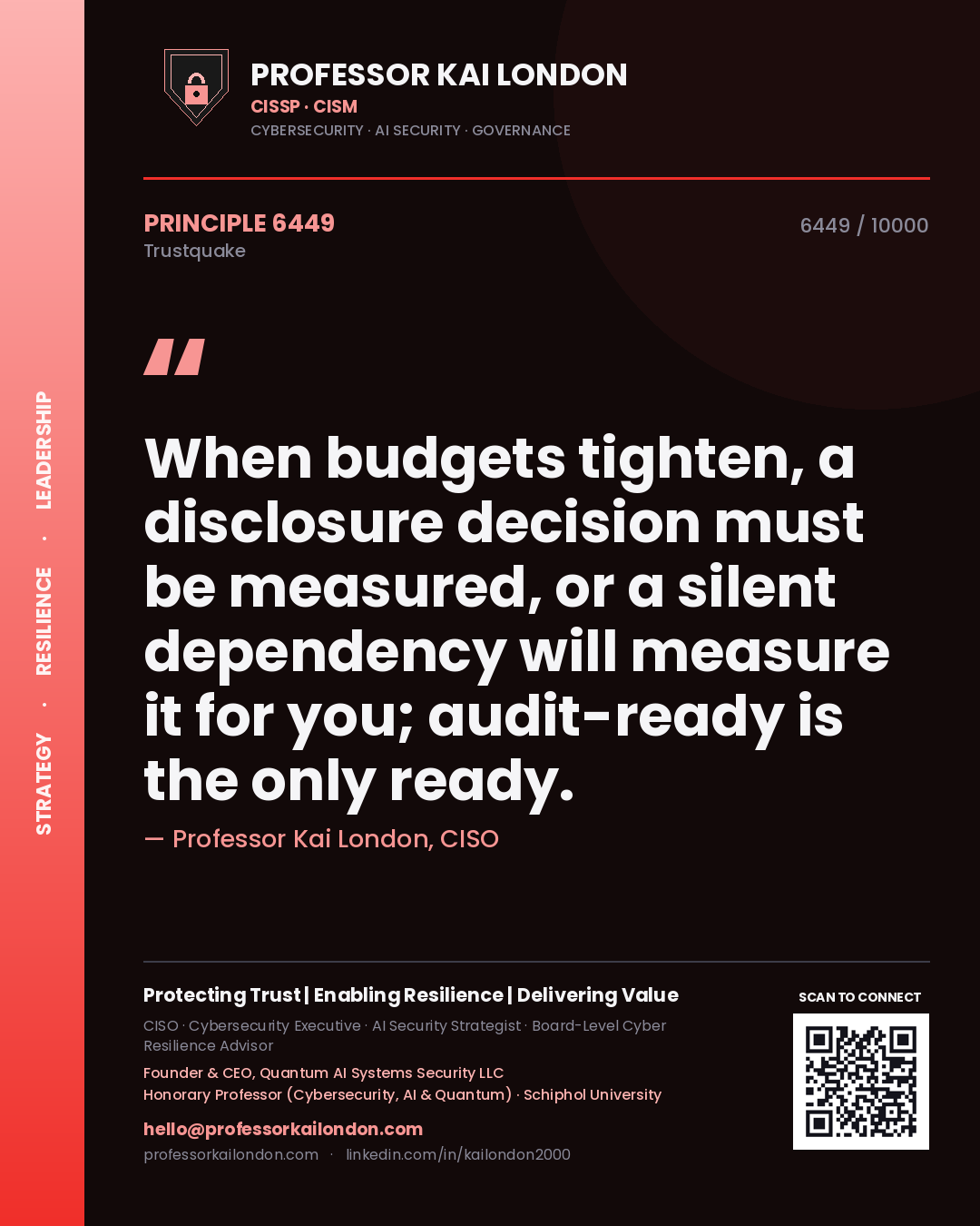 Professor Kai London principle 6449: When budgets tighten, a disclosure decision must be measured, or a silent dependency will measure it for you; audit-ready is the only ready.
