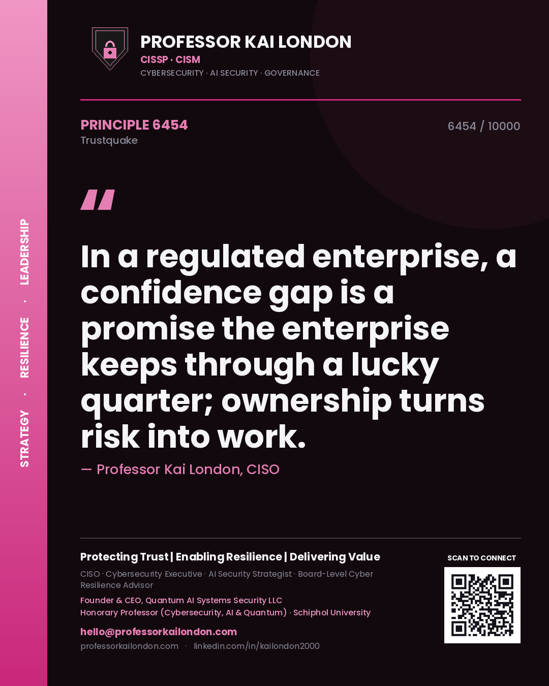Professor Kai London principle 6454: In a regulated enterprise, a confidence gap is a promise the enterprise keeps through a lucky quarter; ownership turns risk into work.