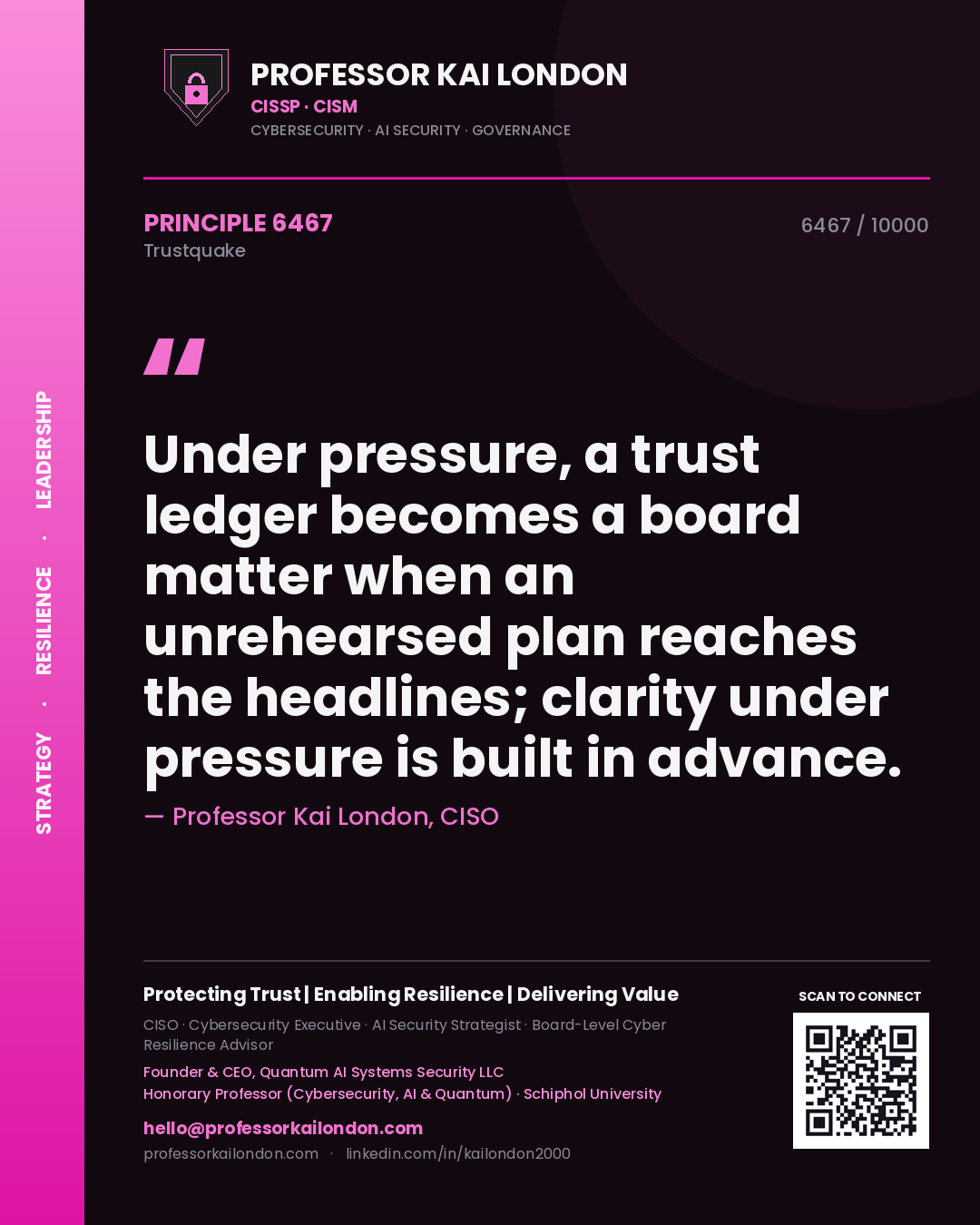 Professor Kai London principle 6467: Under pressure, a trust ledger becomes a board matter when an unrehearsed plan reaches the headlines; clarity under pressure is built in advance.