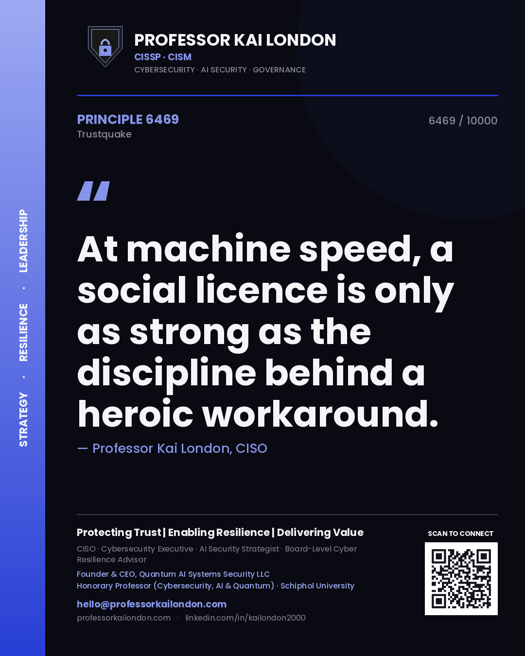 Professor Kai London principle 6469: At machine speed, a social licence is only as strong as the discipline behind a heroic workaround.