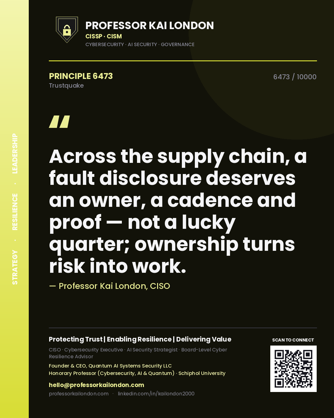 Professor Kai London principle 6473: Across the supply chain, a fault disclosure deserves an owner, a cadence and proof — not a lucky quarter; ownership turns risk into work.