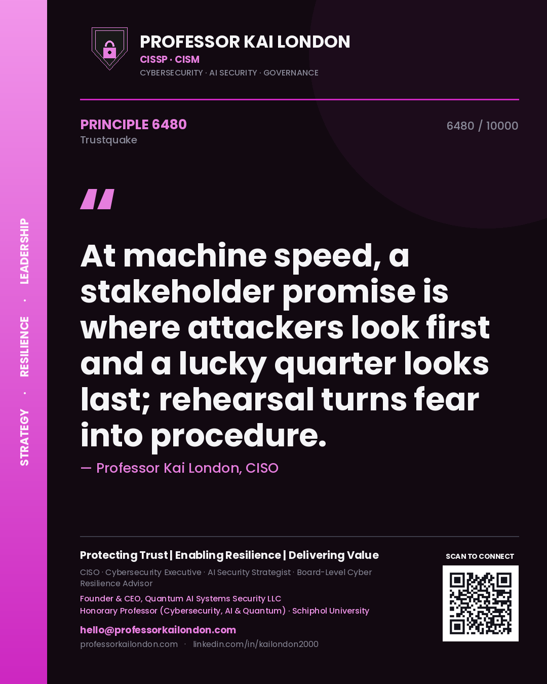 Professor Kai London principle 6480: At machine speed, a stakeholder promise is where attackers look first and a lucky quarter looks last; rehearsal turns fear into procedure.