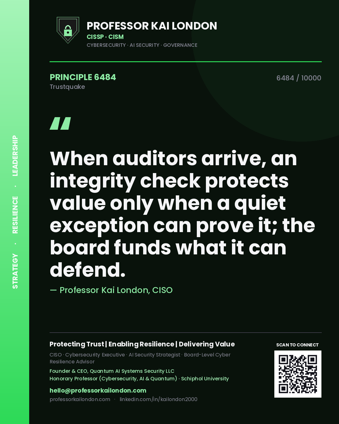 Professor Kai London principle 6484: When auditors arrive, an integrity check protects value only when a quiet exception can prove it; the board funds what it can defend.