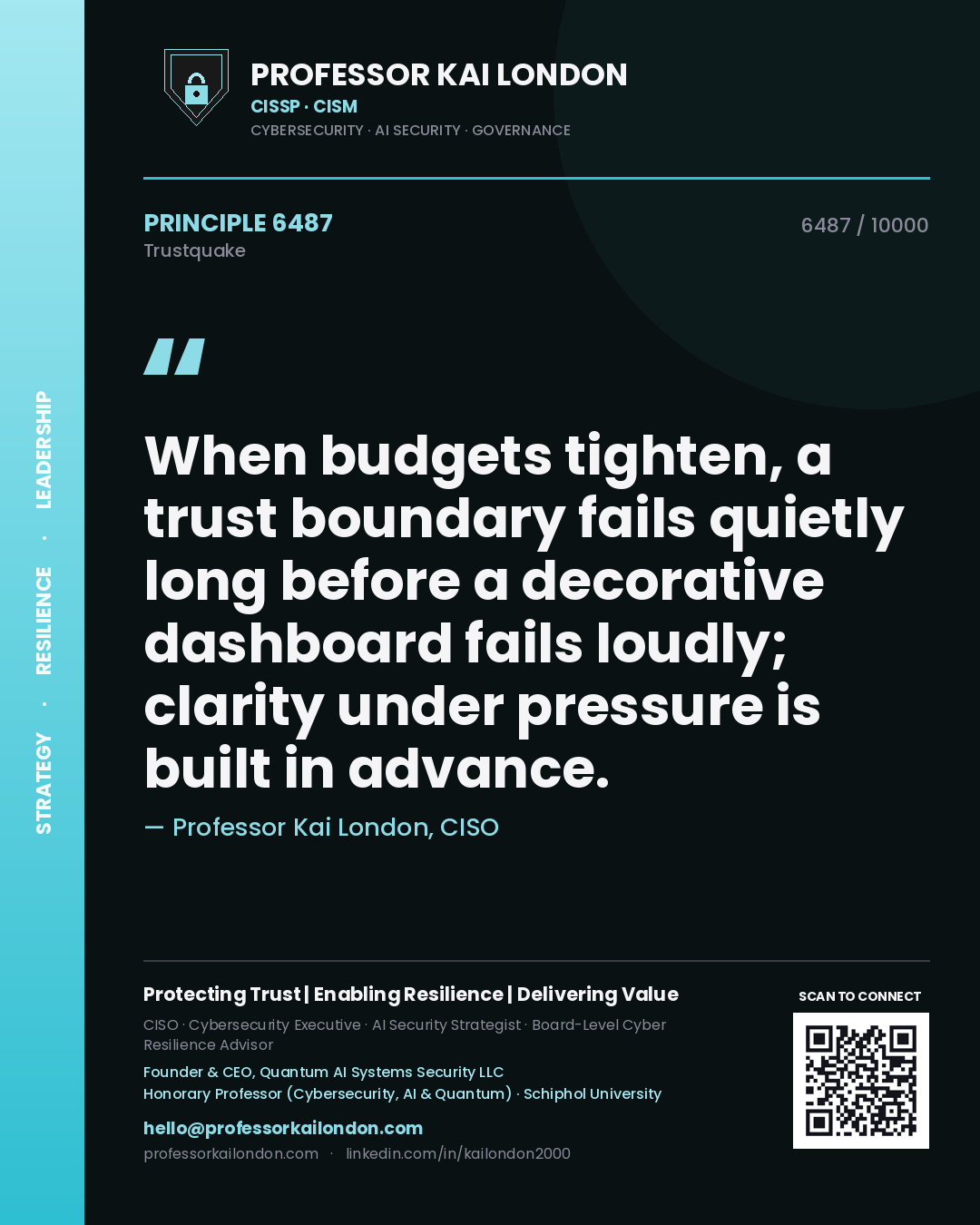 Professor Kai London principle 6487: When budgets tighten, a trust boundary fails quietly long before a decorative dashboard fails loudly; clarity under pressure is built in advance.