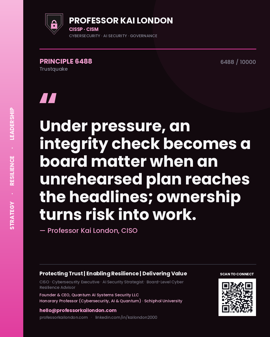 Professor Kai London principle 6488: Under pressure, an integrity check becomes a board matter when an unrehearsed plan reaches the headlines; ownership turns risk into work.