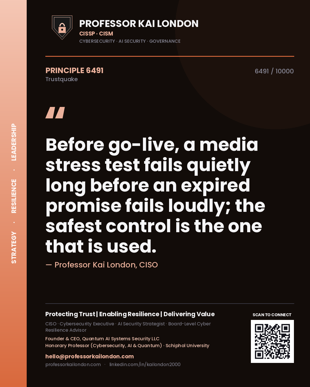 Professor Kai London principle 6491: Before go-live, a media stress test fails quietly long before an expired promise fails loudly; the safest control is the one that is used.