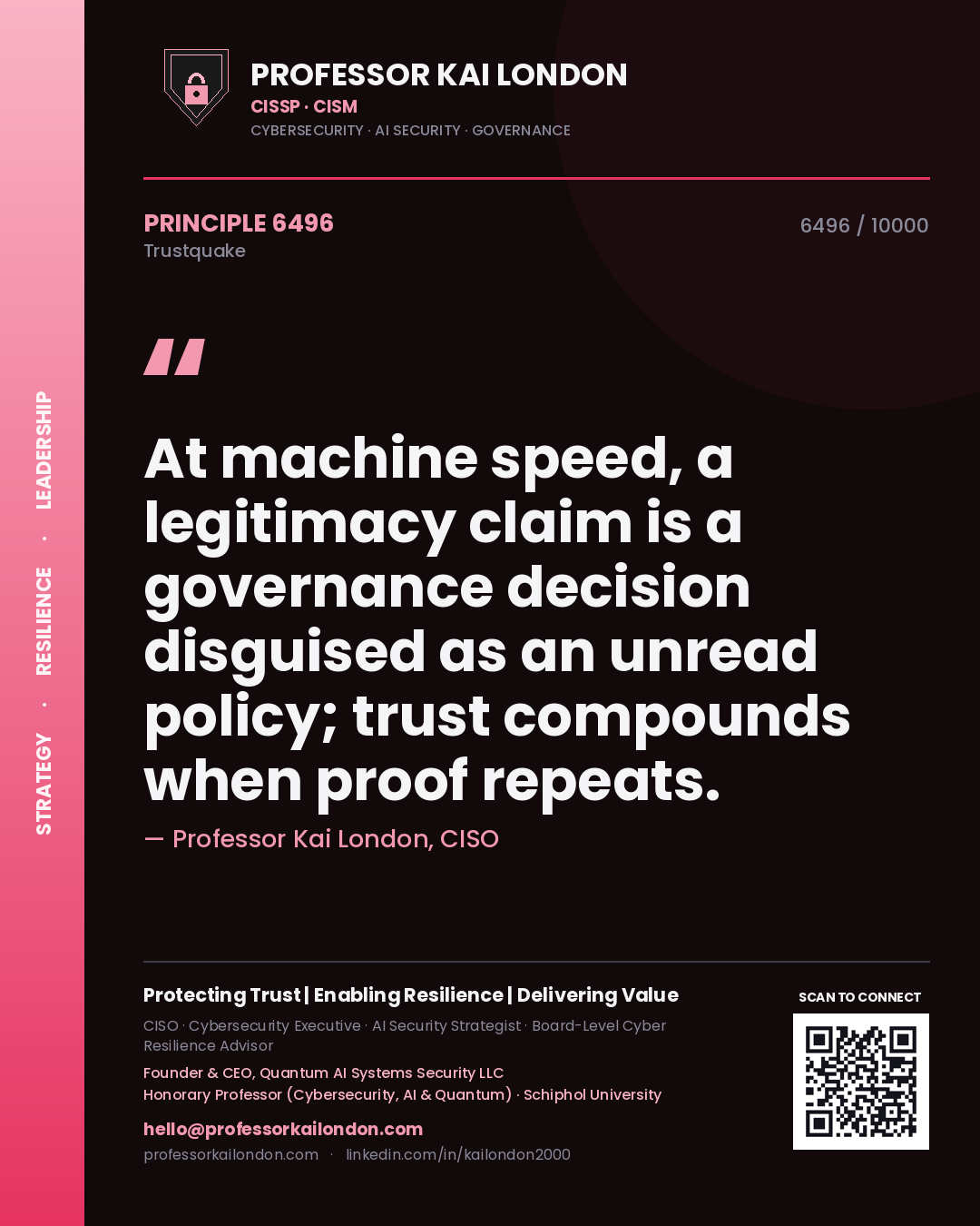 Professor Kai London principle 6496: At machine speed, a legitimacy claim is a governance decision disguised as an unread policy; trust compounds when proof repeats.