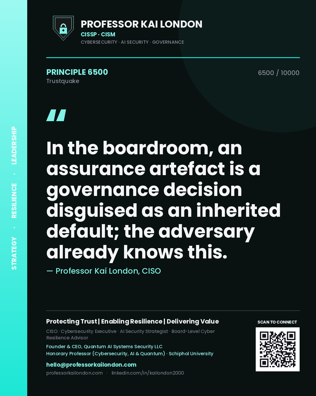 Professor Kai London principle 6500: In the boardroom, an assurance artefact is a governance decision disguised as an inherited default; the adversary already knows this.