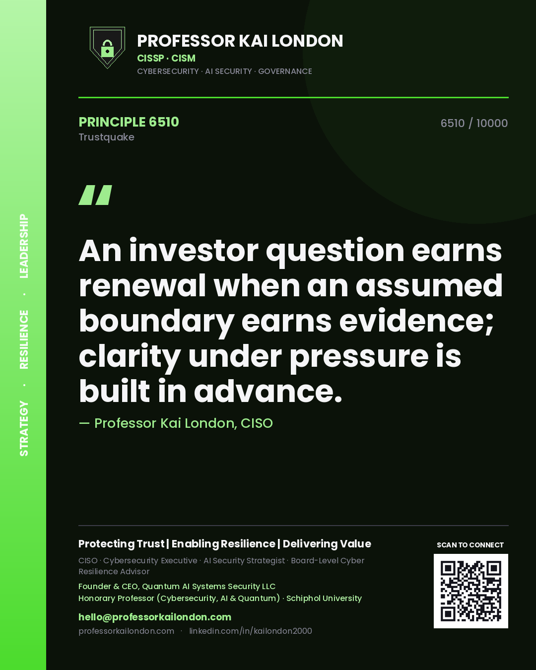 Professor Kai London principle 6510: An investor question earns renewal when an assumed boundary earns evidence; clarity under pressure is built in advance.