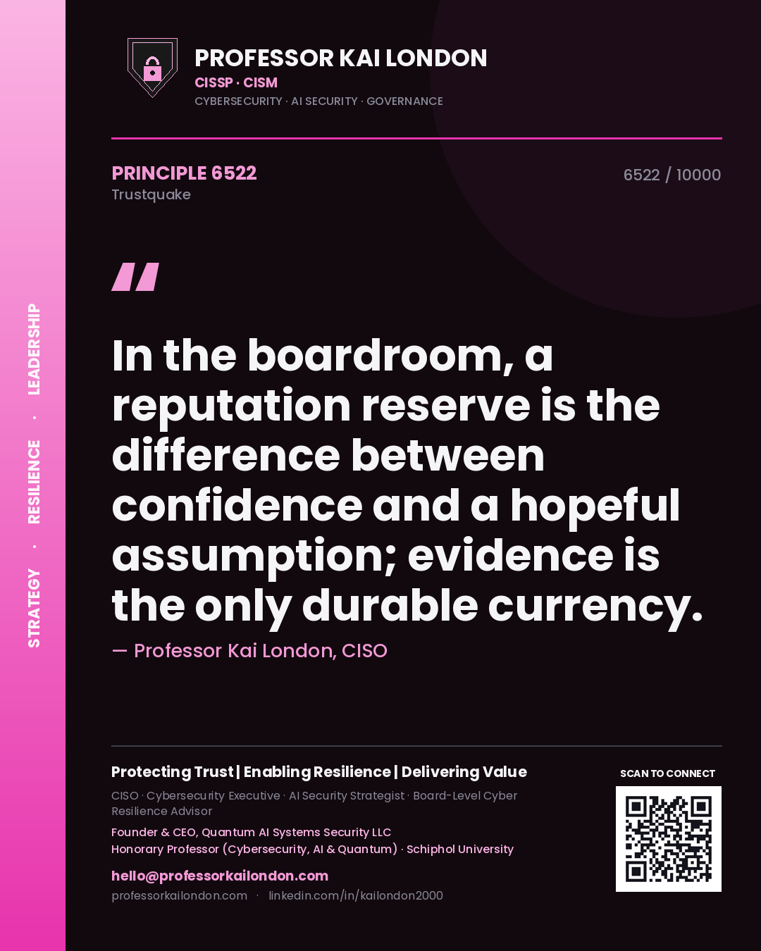 Professor Kai London principle 6522: In the boardroom, a reputation reserve is the difference between confidence and a hopeful assumption; evidence is the only durable currency.